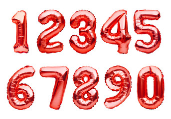 Set with red foil balloons in shape of numbers isolated on white background. Numbers metallic inflatable balloons. Celebration, education, discount and sale or birthday concept