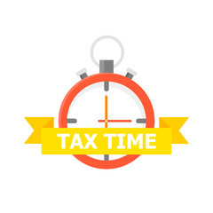 The red clock with a yellow tape on which is written "TAX TIME" is depicted on a white background.