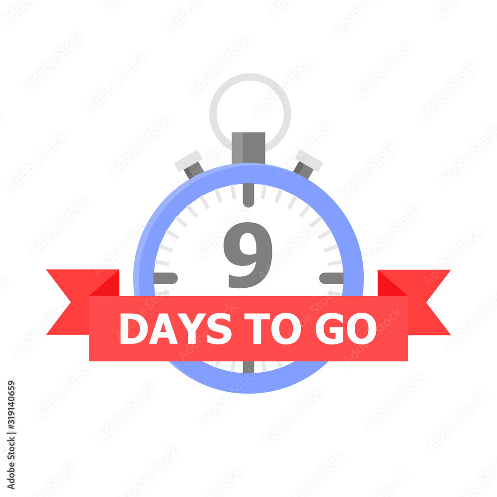 Poster the blue clock with the number 9 and the red tape on which is written 