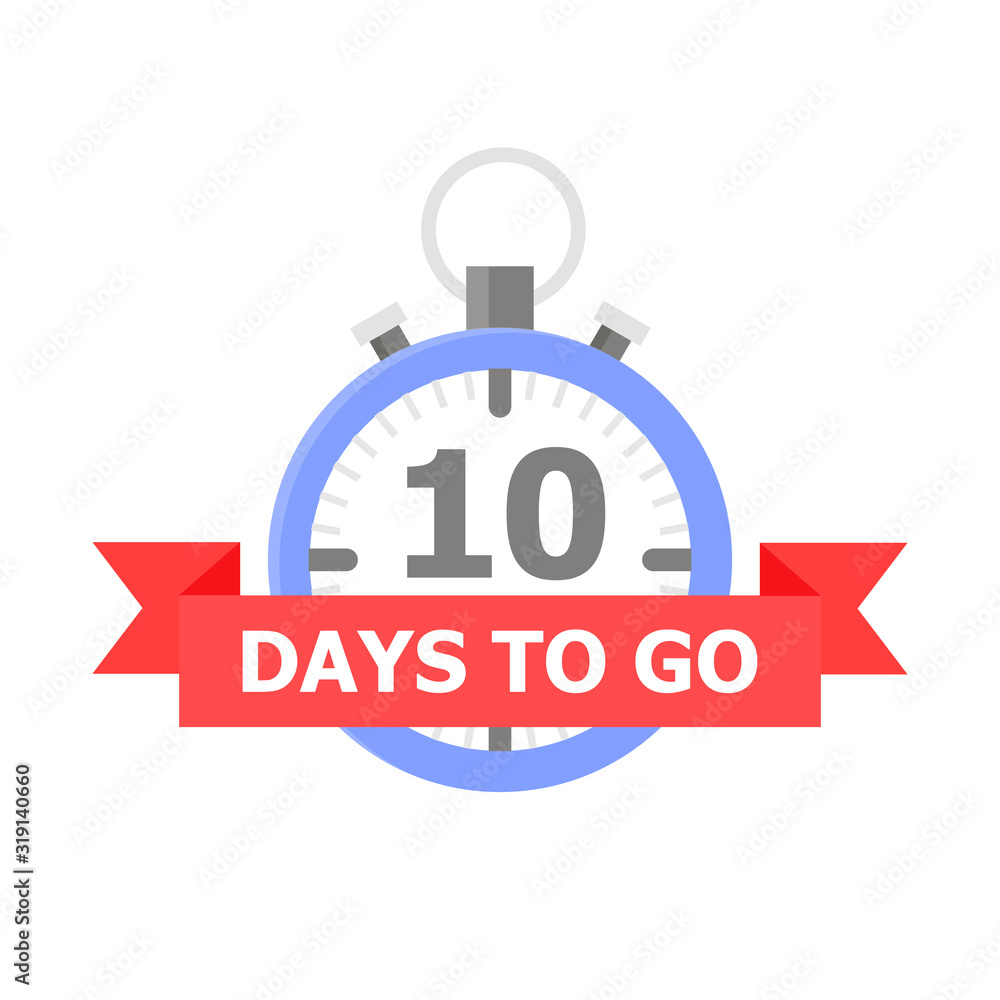 Poster the blue clock with the number 10 and the red tape on which is written 