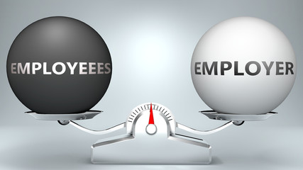 Employeees and employer in balance - pictured as a scale and words Employeees, employer - to symbolize desired harmony between Employeees and employer in life, 3d illustration