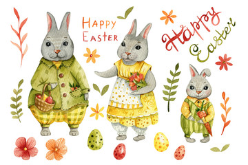Obraz na płótnie Canvas Watercolor hand painted illustration of a easter bunny. Cartoon rabbit for greeting cards, posters, banners, wallpapers, scrapbooking, craft design.