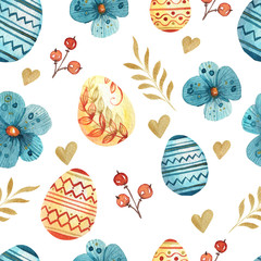 Watercolor seamless pattern with eggs. Easter design, Blue and orange elements. Best for greeting cards, posters, fabric, ceramic, textile, scrapbooking