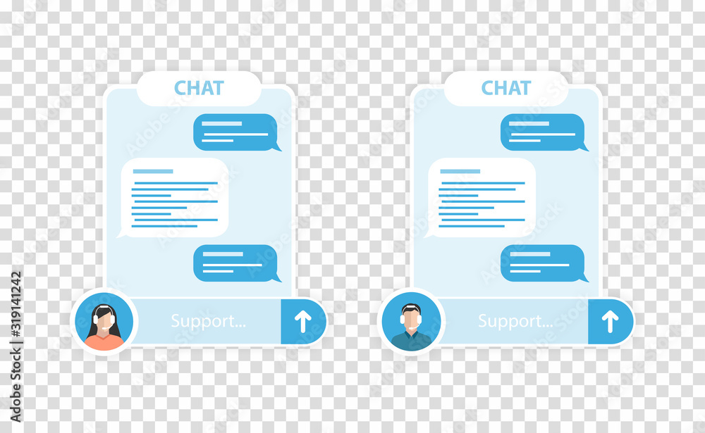 Aufkleber two blue chat to write messages to support with different operators. transparent background.