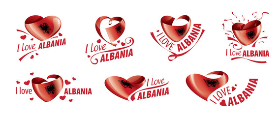 National flag of the Albania in the shape of a heart and the inscription I love Albania. Vector illustration
