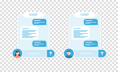 Two blue chat to write messages to support with different operators. Transparent background.