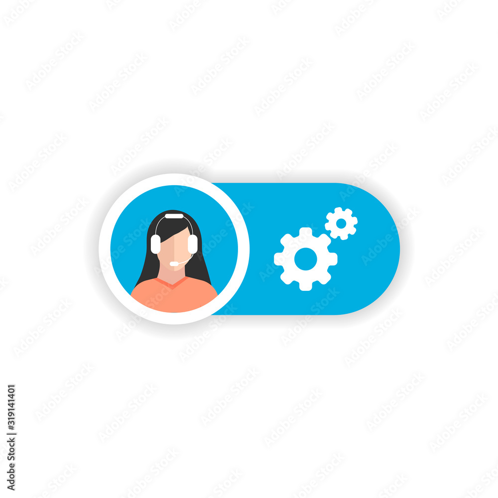 Aufkleber blue area with an assistant to the left on which the configuration icon is displayed. white backgrou