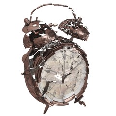 3D rendering.Alarm clock made of metal. Broken into small parts. Broken glass and metal.