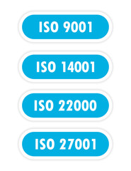 A four blue object with the inscription iso 14001, iso 9001, iso 22000, iso 27001 is depicted on a white background.