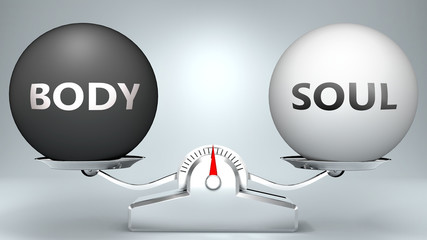 Body and soul in balance - pictured as a scale and words Body, soul - to symbolize desired harmony between Body and soul in life, 3d illustration