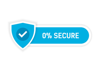 Blue object with a security shield and the inscription "0% secure" on a white background.