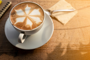 coffee photography with luxury coffee cup set vintage white color with latte art coffee