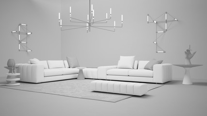 Total white project draft, living room with concrete plaster wall and floor, lounge with large sofa, side tables, carpet, wall and pendant lamps, expo interior design concept idea