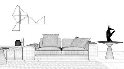 Blueprint project draft, living room with concrete plaster wall and floor, lounge with large sofa, side tables, carpet, wall lamps, expo interior design concept idea