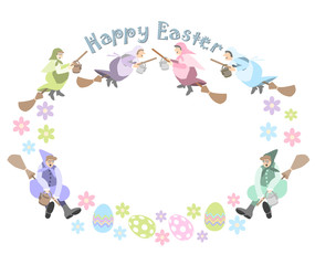 Easter Greetings decorated with scandinavian Easter Witches flying on broomsticks to Blockula (Blåkulla), and painted eggs