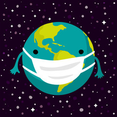 The Earth planet with medical mask. Global virus protection concept. Coronavirus awareness poster.