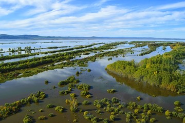 Catastrophic flooding on the Amur river. Aerial view. Khabarovsk region, far East, Russia. 