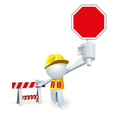 Cute little white Simplified man with safety jacket and stop signboard stop you at the under construction site