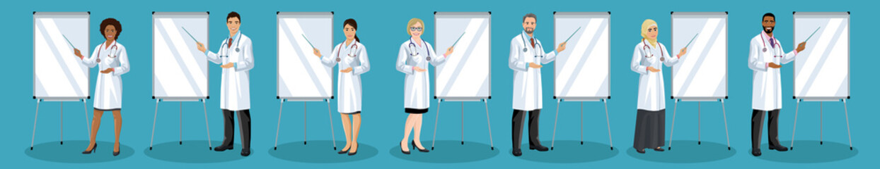 Big set of male and female doctors different nationalities. Men and woman medical staff are standing half turn and pointing to flipchart. European, Asian, African and Arab hospital employees. Vector