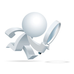 Cute little white Simplified man act as detective and try follow the trace with a big magnifier glass