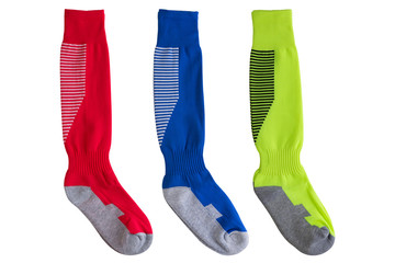 three pairs of colored football leggings horizontally located on a white background, high socks for...