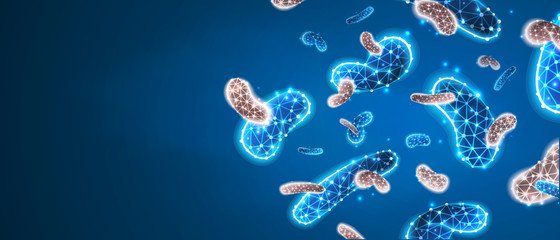 Bacteria probiotics. Digestion flora of humans. Medical allergy and immunity treatment concept. Abstract polygonal image on blue neon background. Low poly, wireframe, digital 3d vector illustration
