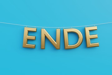 word ENDE on blue background, 3D illustration, cgi render