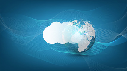 Fototapeta na wymiar Cloud Computing Design Concept - Digital Connections, Technology Background with Earth Globe and Geometric Network Mesh