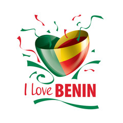 National flag of the Benin in the shape of a heart and the inscription I love Benin. Vector illustration