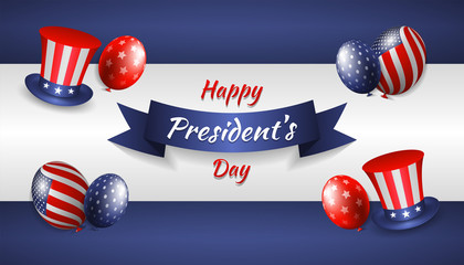 Happy president's day with realistic uncle sam hat, balloon and ribbon in dark background. Vector illustration for President day in USA.