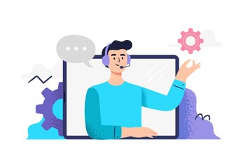 Handsome man answers phone calls, chatting with customers and help clients. Flat Vector illustration good for telemarketing, call centers, helpline or customer service. 