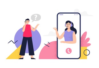 Customer service illustration. Cute woman in headphones, answers client phone calls and help him solve a problem. Flat Vector illustration good for telemarketing, call centers or helpline. - obrazy, fototapety, plakaty