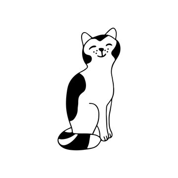 An adorable sitting cat  in doodle style. It is black and white. Hand drawn vector illustration in black ink on white background. Isolated picture for your design. 