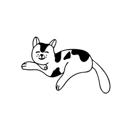 A very cute sleeping cat with in doodle style. It is black and white. Hand drawn vector illustration in black ink on white background. Isolated picture for your design. 