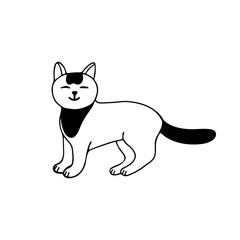 A cute standing cat in doodle style. It is black and white. Hand drawn vector illustration in black ink on white background. Isolated picture for your design. 