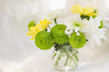 colorful bouquet of chrysanthemums on a light background green and yellow colors macro selective focus