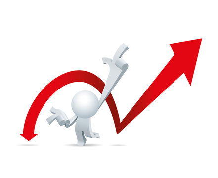 Cute little white Simplified man predict the share market will moving from this point and jump up to the top