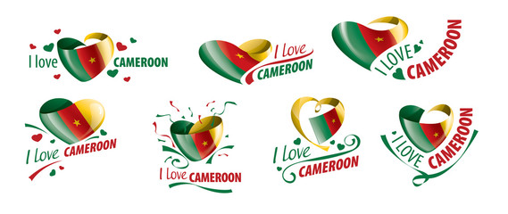 National flag of the Cameroon in the shape of a heart and the inscription I love Cameroon. Vector illustration