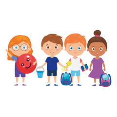 group of little children with school bag and toys vector illustration design