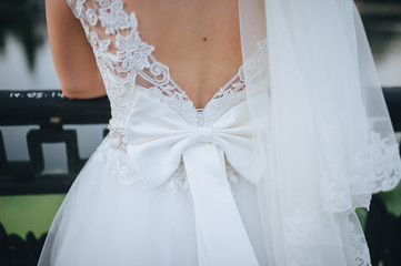 Bow tied on the back of the bride in a white dress close-up. The morning of the bride. Wedding portrait.