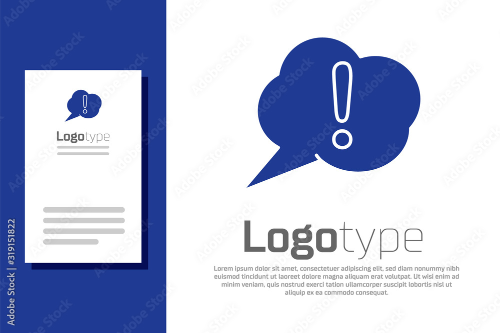 Poster blue speech bubble and exclamation icon isolated on white background. faq sign. copy files, chat spe