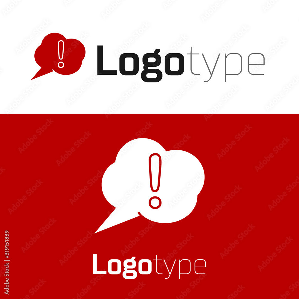 Poster red speech bubble and exclamation icon isolated on white background. faq sign. copy files, chat spee