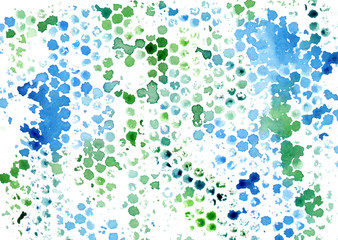 Modern creative pattern of watercolor blue and green prints and spots in the form of honeycombs in grunge style.