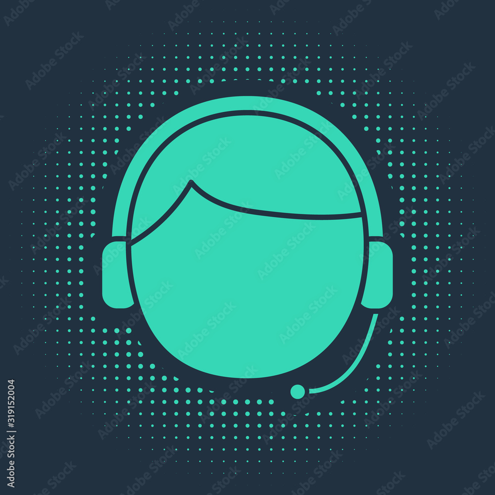Poster green man with a headset icon isolated on blue background. support operator in touch. concept for ca