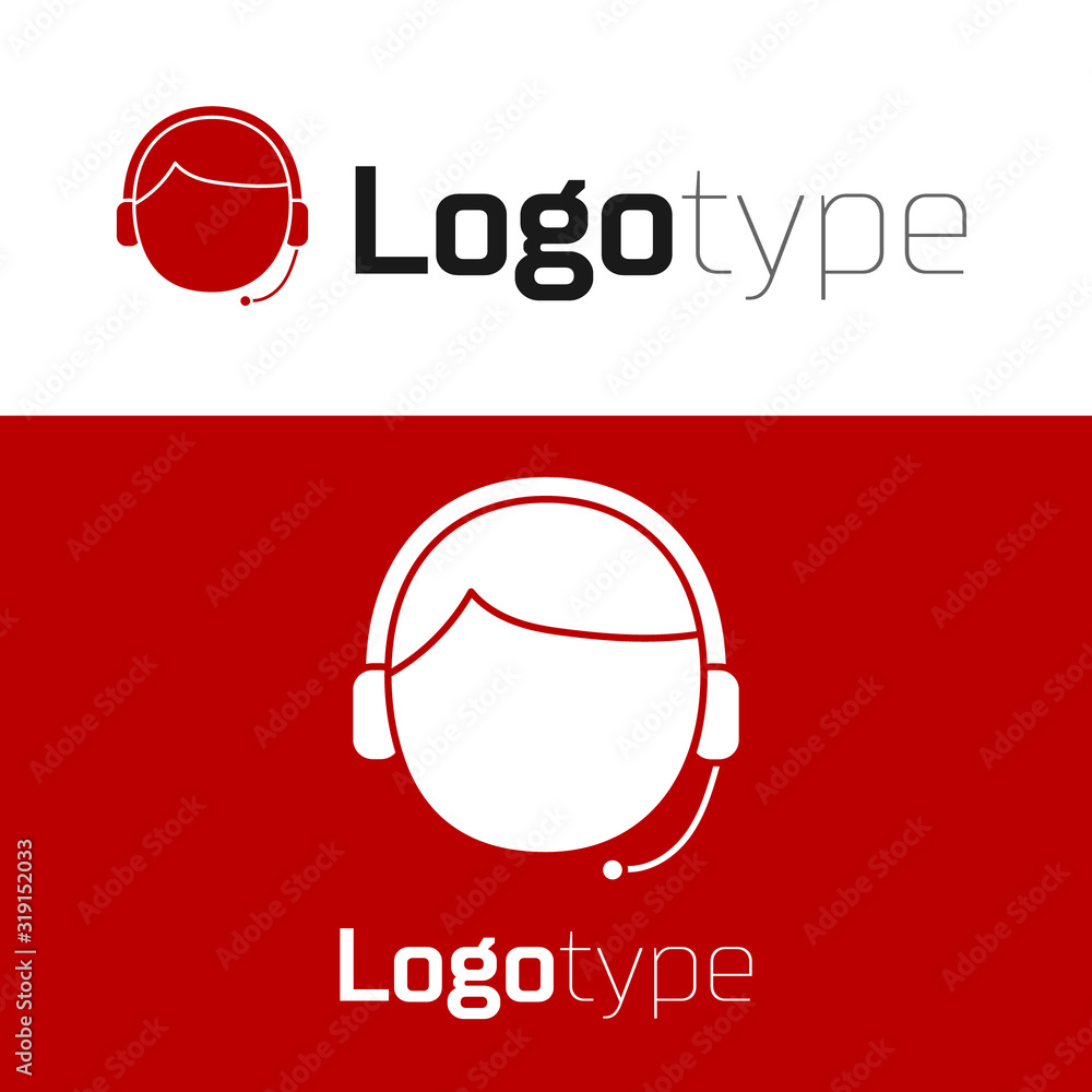 Poster red man with a headset icon isolated on white background. support operator in touch. concept for cal