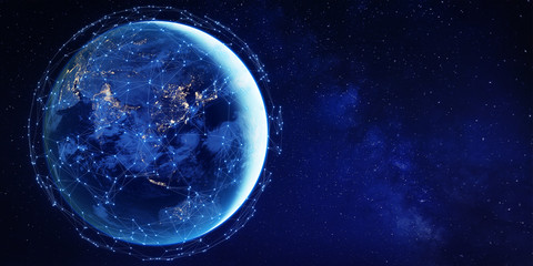 Connected network around planet Earth from space for global communication technology concept in Asia as Internet of Things, mobile web, fintech blockchain, big data, cloud, world element from NASA