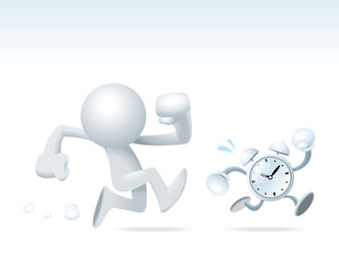 Cute little white Sim man chasing the cute alarm clock