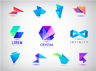 Vector set of colorful abstract 3d origami logos, icons. Business concept, company identity design templates. Crystal geometric