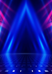 Abstract dark background with blue and pink neon glow. Neon luminous figure in the center of the...