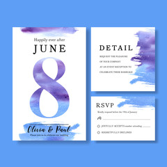 Splash color wedding card design with blue, purple watercolor illustration.